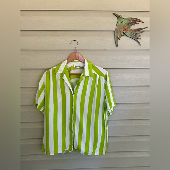 PIERRE CARDIN 80s rayon lime green white striped vacation button down shirt sz 8 - Picture 5 of 13